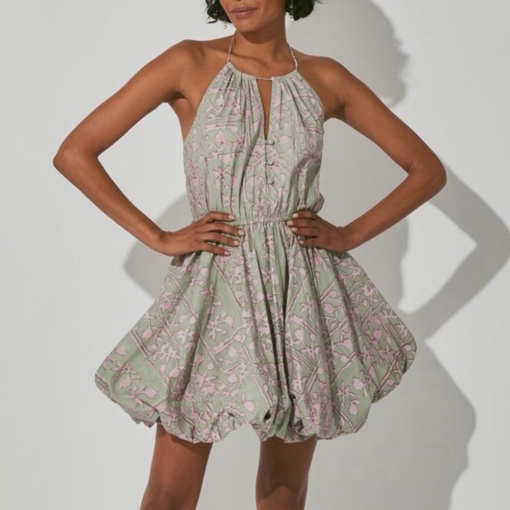 Cleobella Mint Green Halter Floral Bubble-Hem Mini Dress